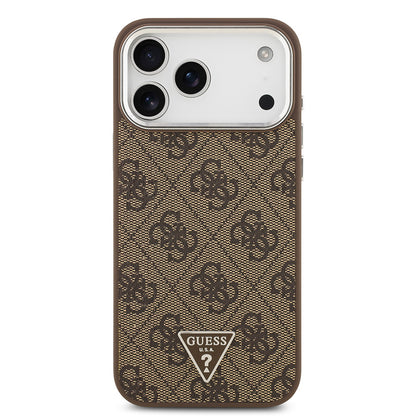 iPhone 17 Pro Max Kılıf Guess Orijinal Lisanslı M-safe Şarj Özellikli Gold Metal Kamera Çerçeveli Taşlı Üçgen Logo 4G Desenli Kılıf