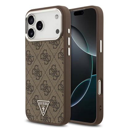 iPhone 17 Pro Max Kılıf Guess Orijinal Lisanslı M-safe Şarj Özellikli Gold Metal Kamera Çerçeveli Taşlı Üçgen Logo 4G Desenli Kılıf