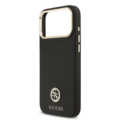 iPhone 17 Pro Max Kılıf Guess Orijinal Lisanslı M-safe Şarj Özellikli Grained Yazı ve Taşlı 4G Logolu Kılıf