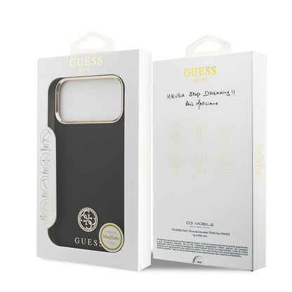 iPhone 17 Pro Max Kılıf Guess Orijinal Lisanslı M-safe Şarj Özellikli Grained Yazı ve Taşlı 4G Logolu Kılıf