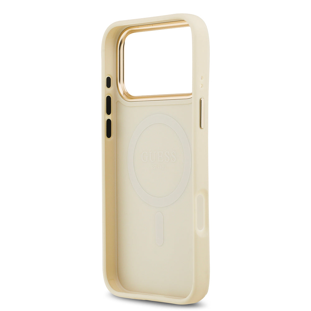 iPhone 17 Pro Max Kılıf Guess Orijinal Lisanslı M-safe Şarj Özellikli Grained Yazı ve Taşlı 4G Logolu Kılıf