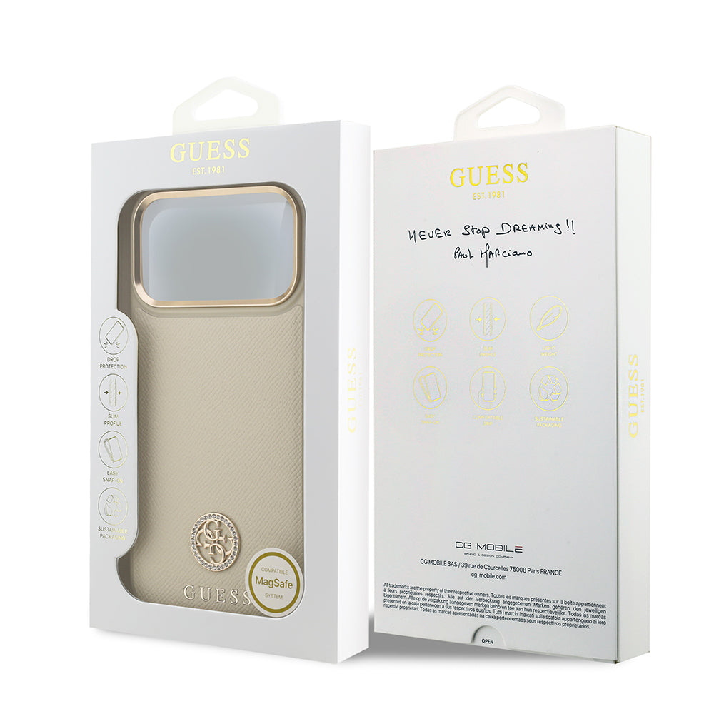 iPhone 17 Pro Max Kılıf Guess Orijinal Lisanslı M-safe Şarj Özellikli Grained Yazı ve Taşlı 4G Logolu Kılıf