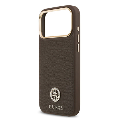 iPhone 17 Pro Max Kılıf Guess Orijinal Lisanslı M-safe Şarj Özellikli Grained Yazı ve Taşlı 4G Logolu Kılıf