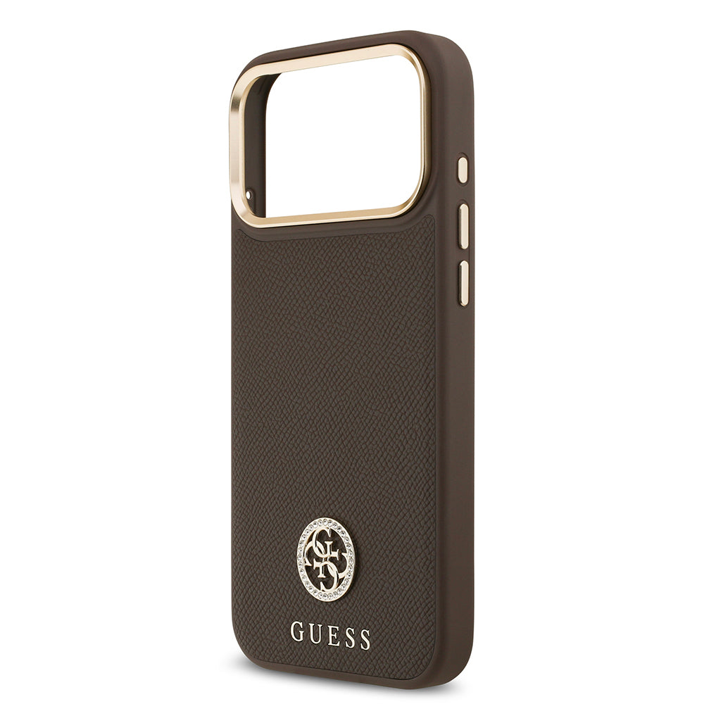 iPhone 17 Pro Max Kılıf Guess Orijinal Lisanslı M-safe Şarj Özellikli Grained Yazı ve Taşlı 4G Logolu Kılıf