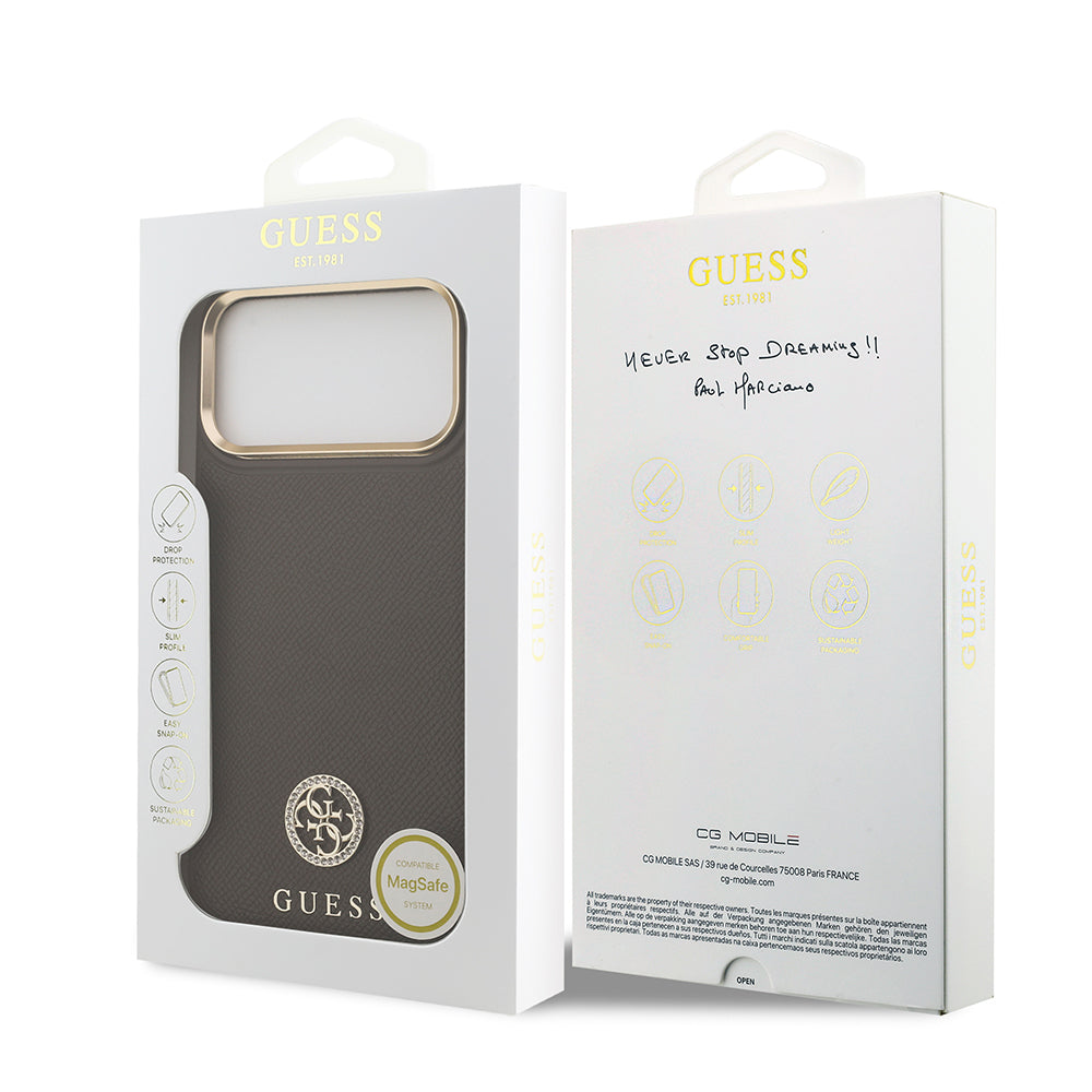 iPhone 17 Pro Max Kılıf Guess Orijinal Lisanslı M-safe Şarj Özellikli Grained Yazı ve Taşlı 4G Logolu Kılıf