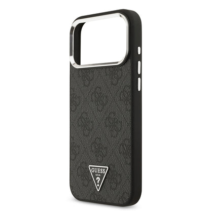 iPhone 17 Pro Max Kılıf Guess Orijinal Lisanslı M-safe Şarj Özellikli Gümüş Metal Kamera Çerçeveli Üçgen Logo 4G Desenli Kılıf