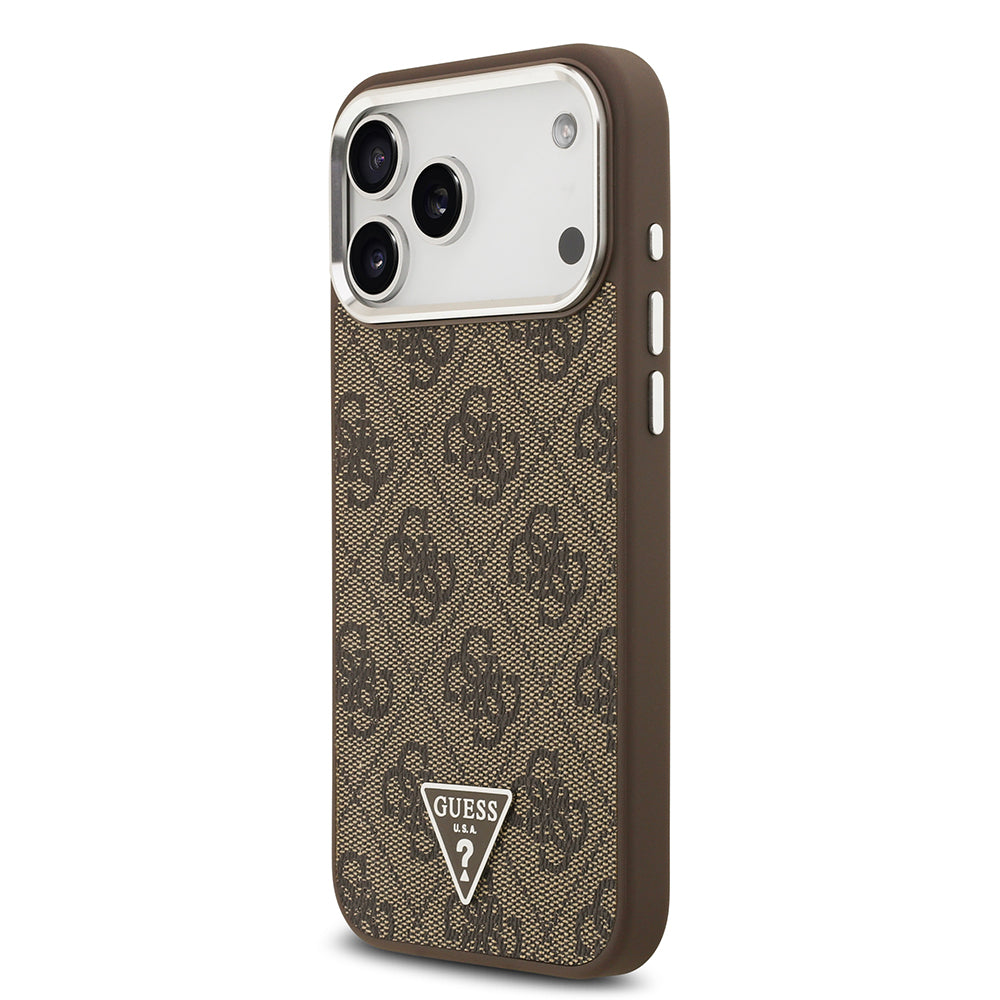 iPhone 17 Pro Max Kılıf Guess Orijinal Lisanslı M-safe Şarj Özellikli Gümüş Metal Kamera Çerçeveli Üçgen Logo 4G Desenli Kılıf