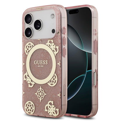 iPhone 17 Pro Max Kılıf Guess Orijinal Lisanslı M-safe Şarj Özellikli IML Peony ve 4G Desenli Klasik Logolu Kılıf