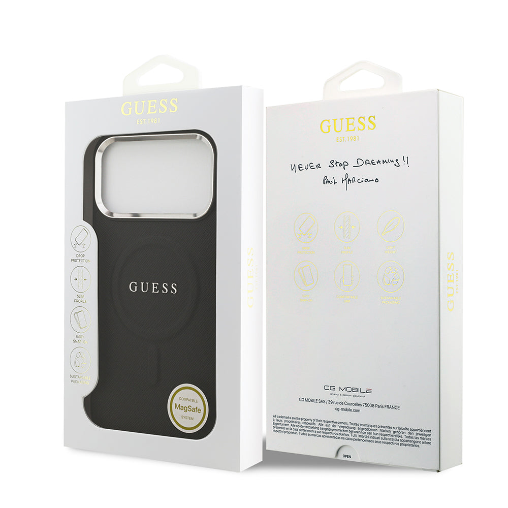 iPhone 17 Pro Max Kılıf Guess Orijinal Lisanslı M-safe Şarj Özellikli Klasik Yazı Logolu PU Deri Kılıf