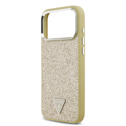 iPhone 17 Pro Max Kılıf Guess Orijinal Lisanslı M-safe Şarj Özellikli Metal Kamera Çerçeveli Üçgen Logolu Glitter Kılıf