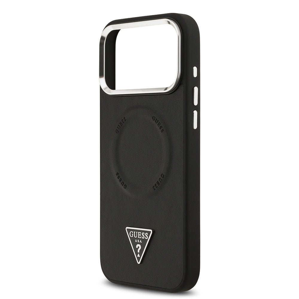 iPhone 17 Pro Max Kılıf Guess Orijinal Lisanslı M-safe Şarj Özellikli PU Deri Metal Kamera Çerçeveli Üçgen Logolu Kılıf