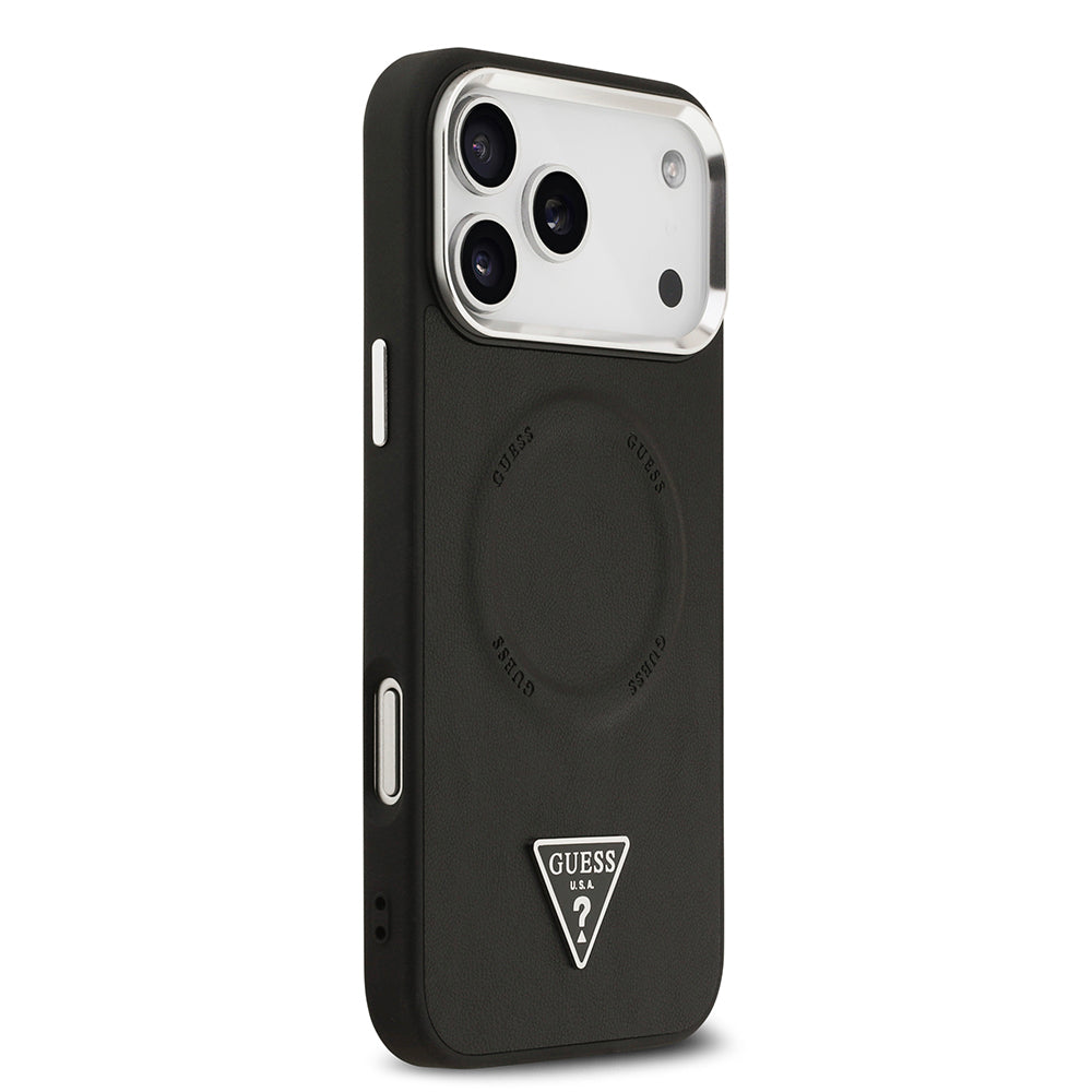 iPhone 17 Pro Max Kılıf Guess Orijinal Lisanslı M-safe Şarj Özellikli PU Deri Metal Kamera Çerçeveli Üçgen Logolu Kılıf