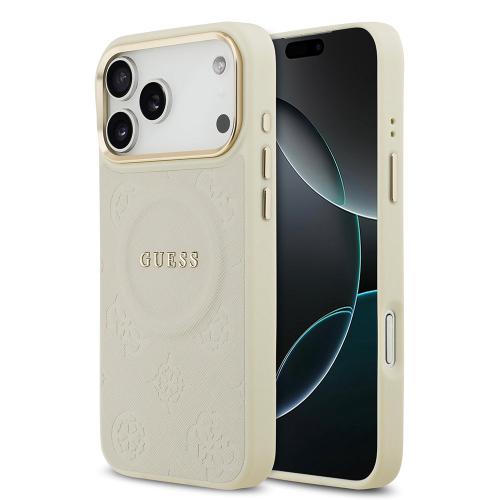 iPhone 17 Pro Max Kılıf Guess Orijinal Lisanslı M-safe Şarj Özellikli Sıcak Baskılı Yazı Logolu PU Deri Peony Kılıf