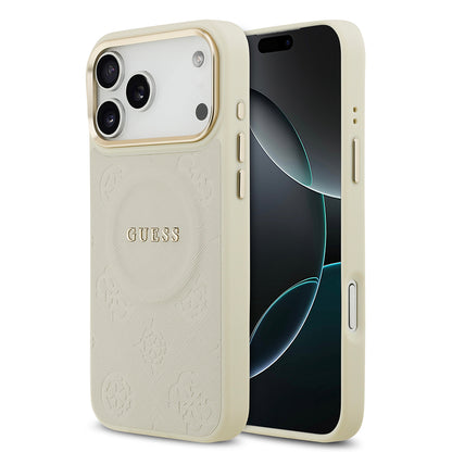 iPhone 17 Pro Max Kılıf Guess Orijinal Lisanslı M-safe Şarj Özellikli Sıcak Baskılı Yazı Logolu PU Deri Peony Kılıf