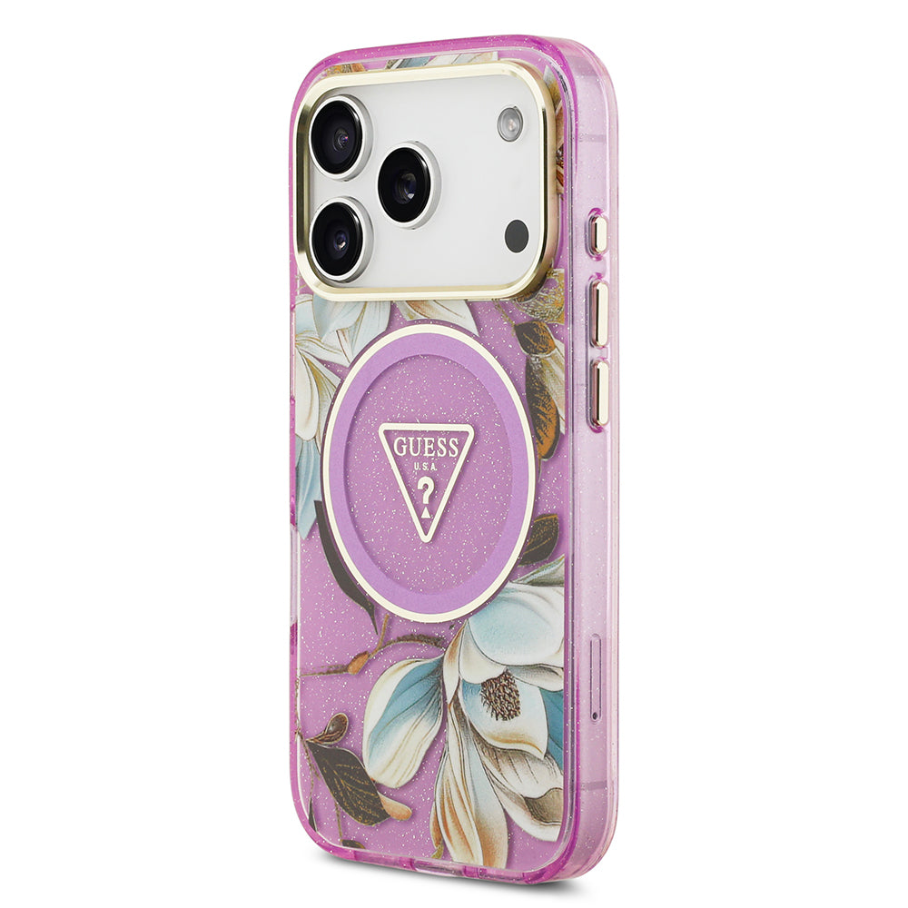 iPhone 17 Pro Max Kılıf Guess Orijinal Lisanslı M-safe Şarj Özellikli Simli Çiçek Desenli Metal Kamera Çerçeveli Üçgen Logolu Kılıf