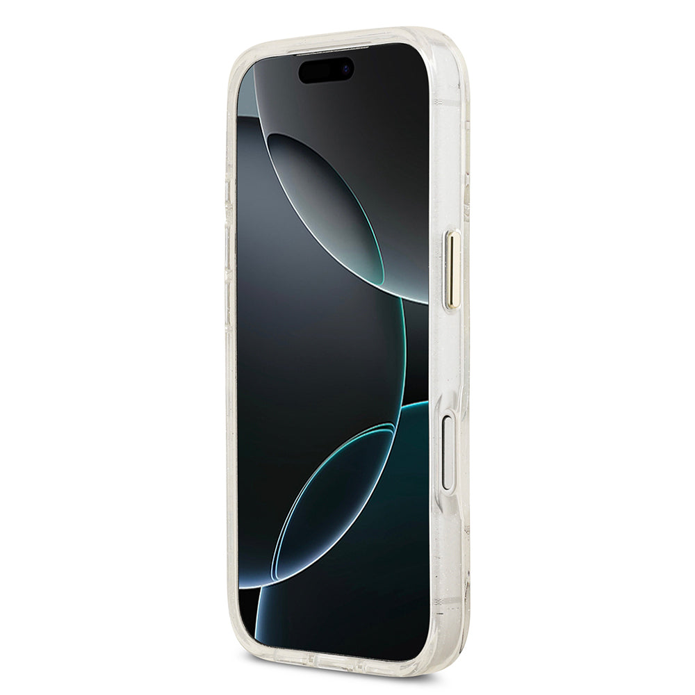 iPhone 17 Pro Max Kılıf Guess Orijinal Lisanslı M-safe Şarj Özellikli Simli Çiçek Desenli Metal Kamera Çerçeveli Üçgen Logolu Kılıf