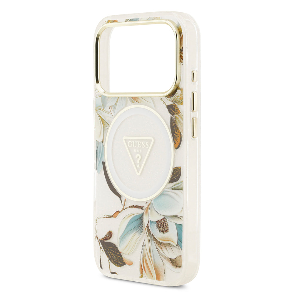 iPhone 17 Pro Max Kılıf Guess Orijinal Lisanslı M-safe Şarj Özellikli Simli Çiçek Desenli Metal Kamera Çerçeveli Üçgen Logolu Kılıf