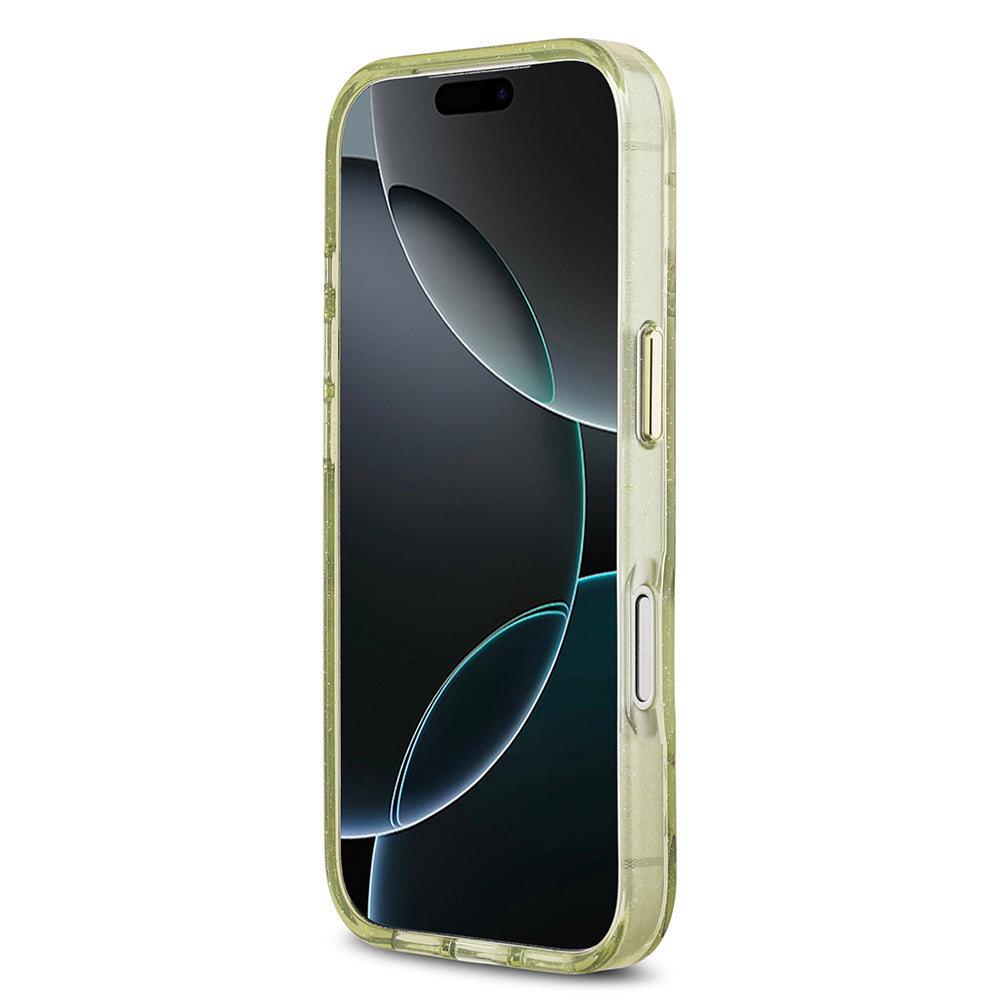 iPhone 17 Pro Max Kılıf Guess Orijinal Lisanslı M-safe Şarj Özellikli Simli Çiçek Desenli Metal Kamera Çerçeveli Üçgen Logolu Kılıf