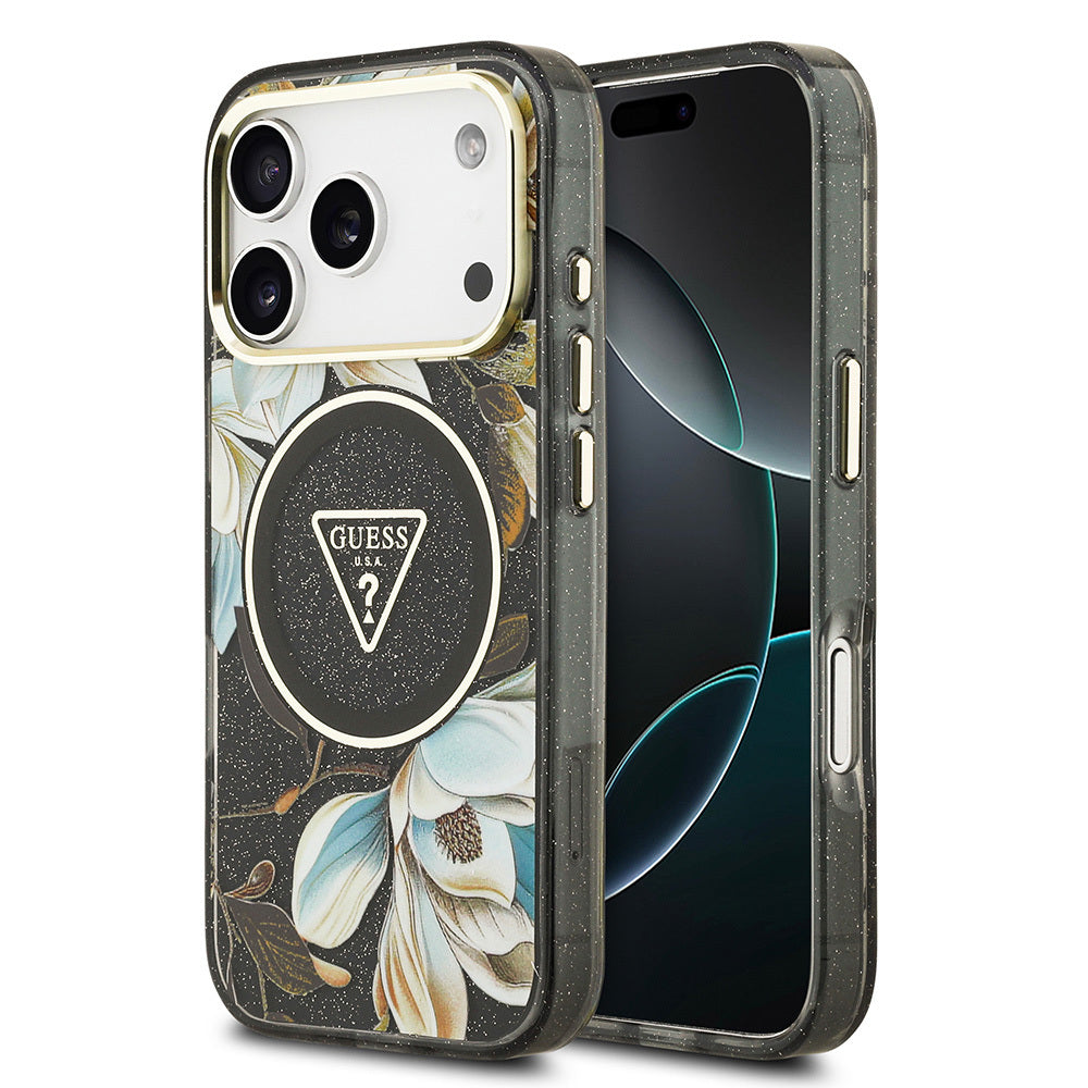 iPhone 17 Pro Max Kılıf Guess Orijinal Lisanslı M-safe Şarj Özellikli Simli Çiçek Desenli Metal Kamera Çerçeveli Üçgen Logolu Kılıf