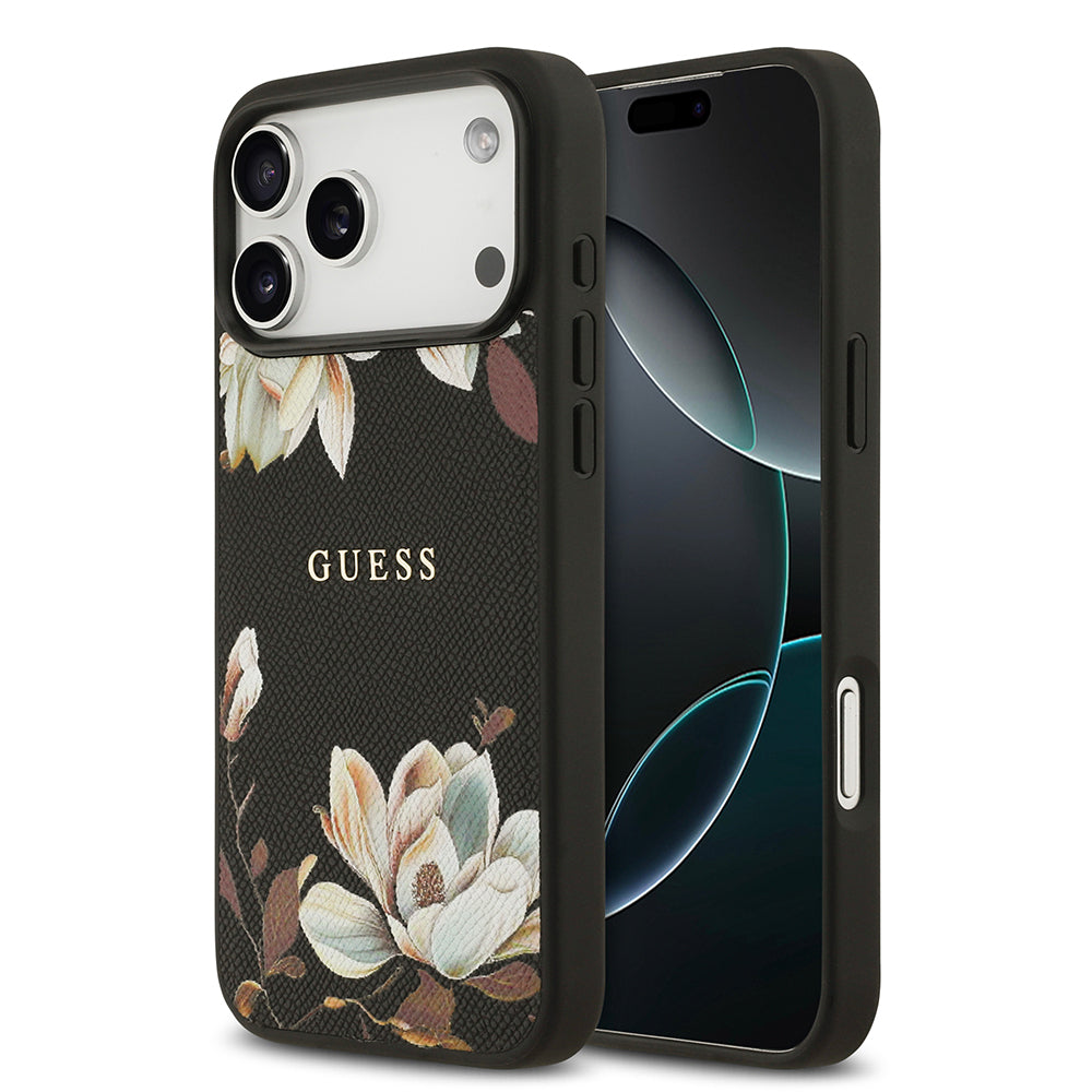 iPhone 17 Pro Max Kılıf Guess Orijinal Lisanslı M-safe Şarj Özellikli Taneli Çiçek Tasarımlı Metal Yazı Logolu Kılıf