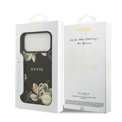 iPhone 17 Pro Max Kılıf Guess Orijinal Lisanslı M-safe Şarj Özellikli Taneli Çiçek Tasarımlı Metal Yazı Logolu Kılıf