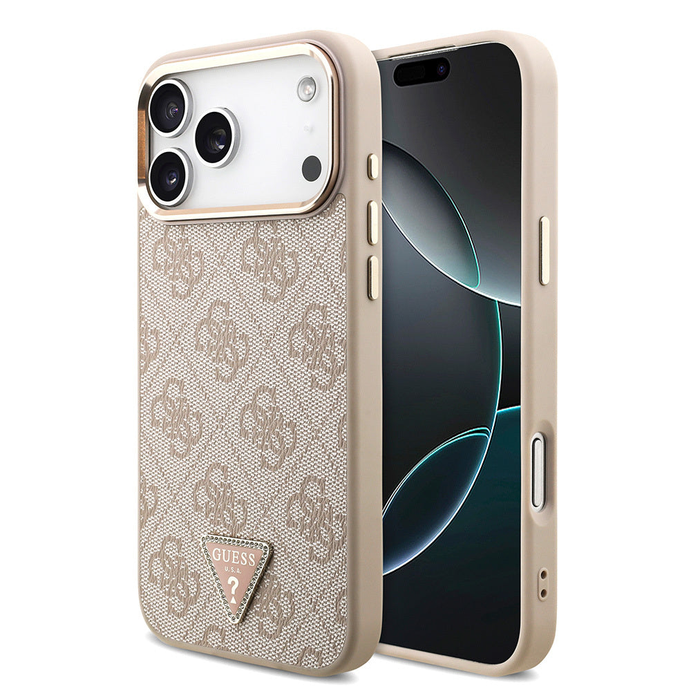 iPhone 17 Pro Max Kılıf Guess Orijinal Lisanslı M-safe Şarj Özellikli Taşlı Üçgen Logo 4G Desenli Kılıf