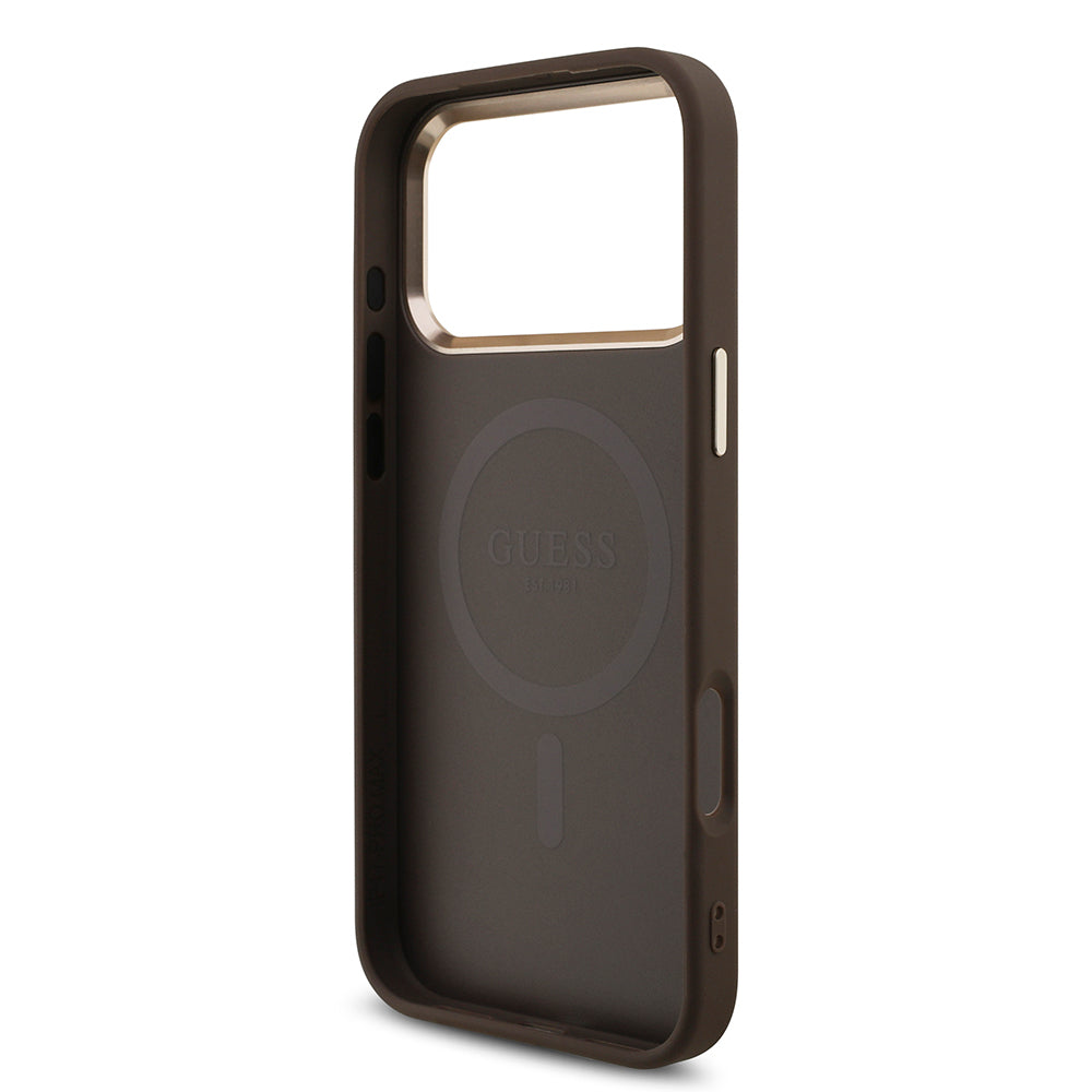 iPhone 17 Pro Max Kılıf Guess Orijinal Lisanslı M-safe Şarj Özellikli Taşlı Üçgen Logo 4G Desenli Kılıf