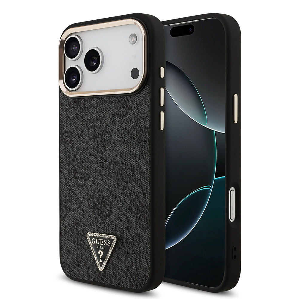 iPhone 17 Pro Max Kılıf Guess Orijinal Lisanslı M-safe Şarj Özellikli Taşlı Üçgen Logo 4G Desenli Kılıf