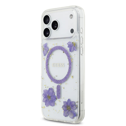 iPhone 17 Pro Max Kılıf Guess Orijinal Lisanslı M-safe Şarj Özellikli Transparan Resin Flowers Kılıf