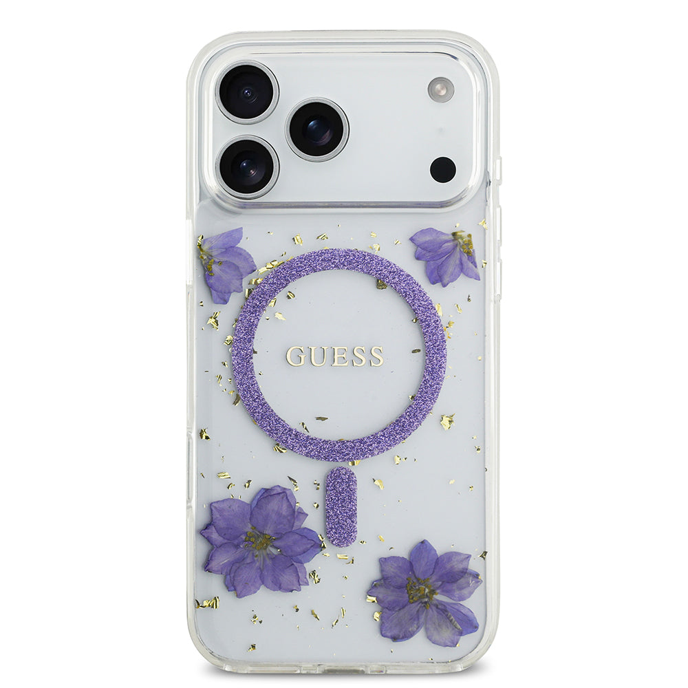 iPhone 17 Pro Max Kılıf Guess Orijinal Lisanslı M-safe Şarj Özellikli Transparan Resin Flowers Kılıf
