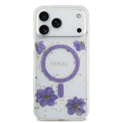 iPhone 17 Pro Max Kılıf Guess Orijinal Lisanslı M-safe Şarj Özellikli Transparan Resin Flowers Kılıf