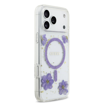 iPhone 17 Pro Max Kılıf Guess Orijinal Lisanslı M-safe Şarj Özellikli Transparan Resin Flowers Kılıf