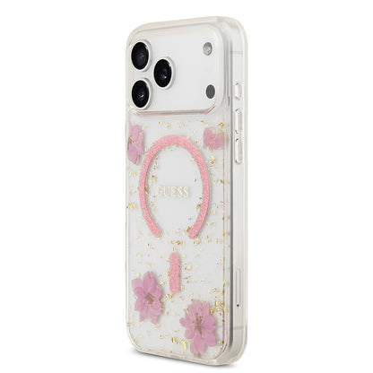 iPhone 17 Pro Max Kılıf Guess Orijinal Lisanslı M-safe Şarj Özellikli Transparan Resin Flowers Kılıf