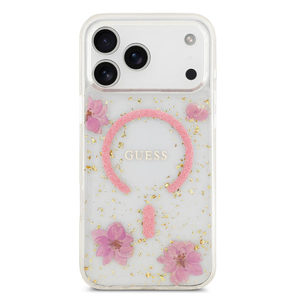 iPhone 17 Pro Max Kılıf Guess Orijinal Lisanslı M-safe Şarj Özellikli Transparan Resin Flowers Kılıf