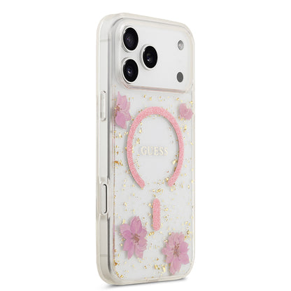 iPhone 17 Pro Max Kılıf Guess Orijinal Lisanslı M-safe Şarj Özellikli Transparan Resin Flowers Kılıf