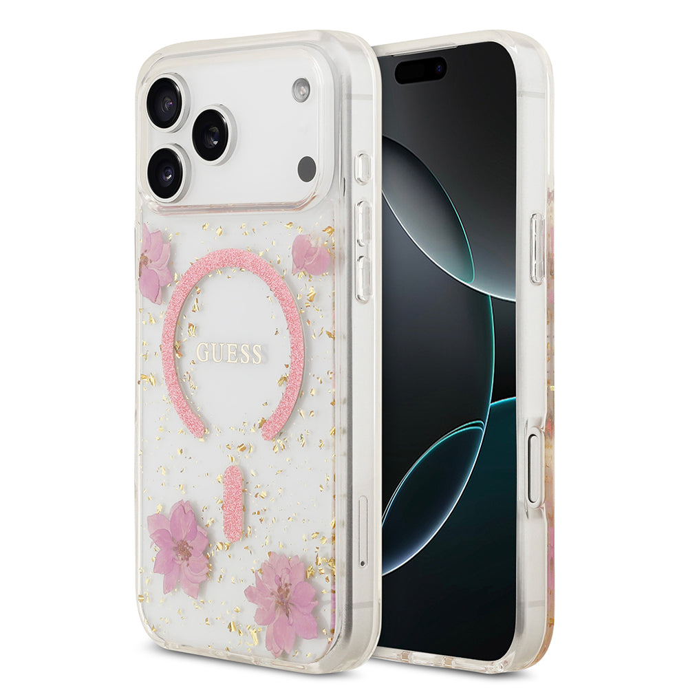 iPhone 17 Pro Max Kılıf Guess Orijinal Lisanslı M-safe Şarj Özellikli Transparan Resin Flowers Kılıf