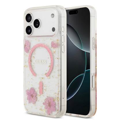 iPhone 17 Pro Max Kılıf Guess Orijinal Lisanslı M-safe Şarj Özellikli Transparan Resin Flowers Kılıf
