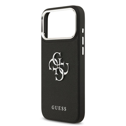 iPhone 17 Pro Max Kılıf Guess Orijinal Lisanslı Metal Kamera Çerçeveli Metal Büyük 4G ve Yazı Logolu PU Deri Kılıf