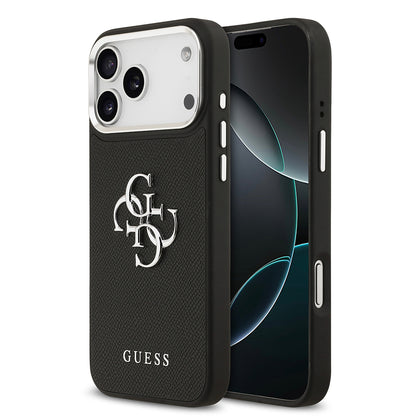 iPhone 17 Pro Max Kılıf Guess Orijinal Lisanslı Metal Kamera Çerçeveli Metal Büyük 4G ve Yazı Logolu PU Deri Kılıf