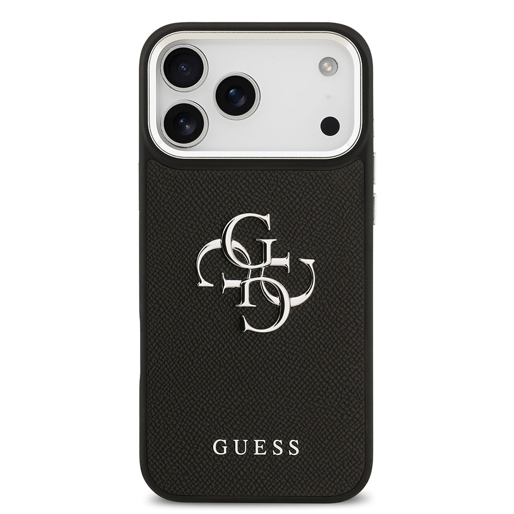 iPhone 17 Pro Max Kılıf Guess Orijinal Lisanslı Metal Kamera Çerçeveli Metal Büyük 4G ve Yazı Logolu PU Deri Kılıf