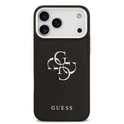 iPhone 17 Pro Max Kılıf Guess Orijinal Lisanslı Metal Kamera Çerçeveli Metal Büyük 4G ve Yazı Logolu PU Deri Kılıf