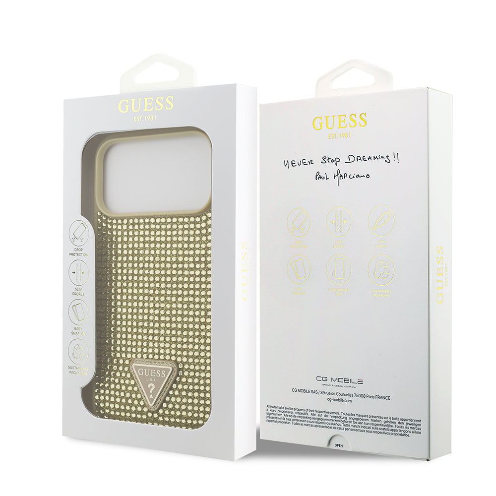 iPhone 17 Pro Max Kılıf Guess Orijinal Lisanslı Taşlı Arka Yüzey Üçgen Logolu Kılıf