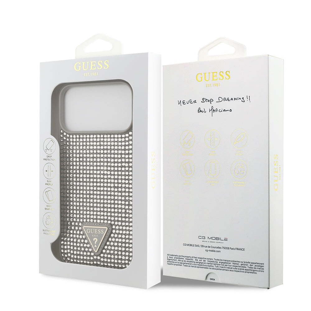 iPhone 17 Pro Max Kılıf Guess Orijinal Lisanslı Taşlı Arka Yüzey Üçgen Logolu Kılıf