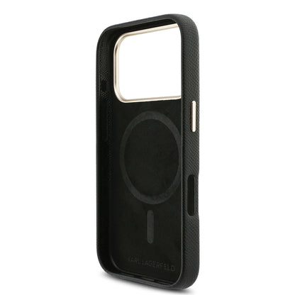 iPhone 17 Pro Max Kılıf Karl Lagerfeld Orijinal Lisanslı M-safe Şarj Özellikli Gold Kamera Çerçeveli KHEAD Metal Logolu PU Deri Kılıf