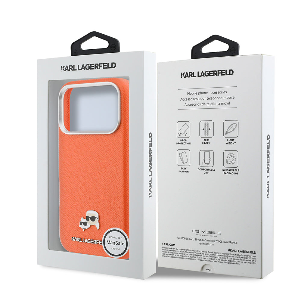 iPhone 17 Pro Max Kılıf Karl Lagerfeld Orijinal Lisanslı M-safe Şarj Özellikli Metal Kamera ve Buton Tasarımlı K&C Head Logolu PU Deri Kılıf