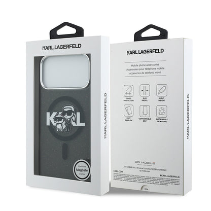 iPhone 17 Pro Max Kılıf Karl Lagerfeld Orijinal Lisanslı Parlayan Simli Karl & Choupette Sketch Logo Kılıf