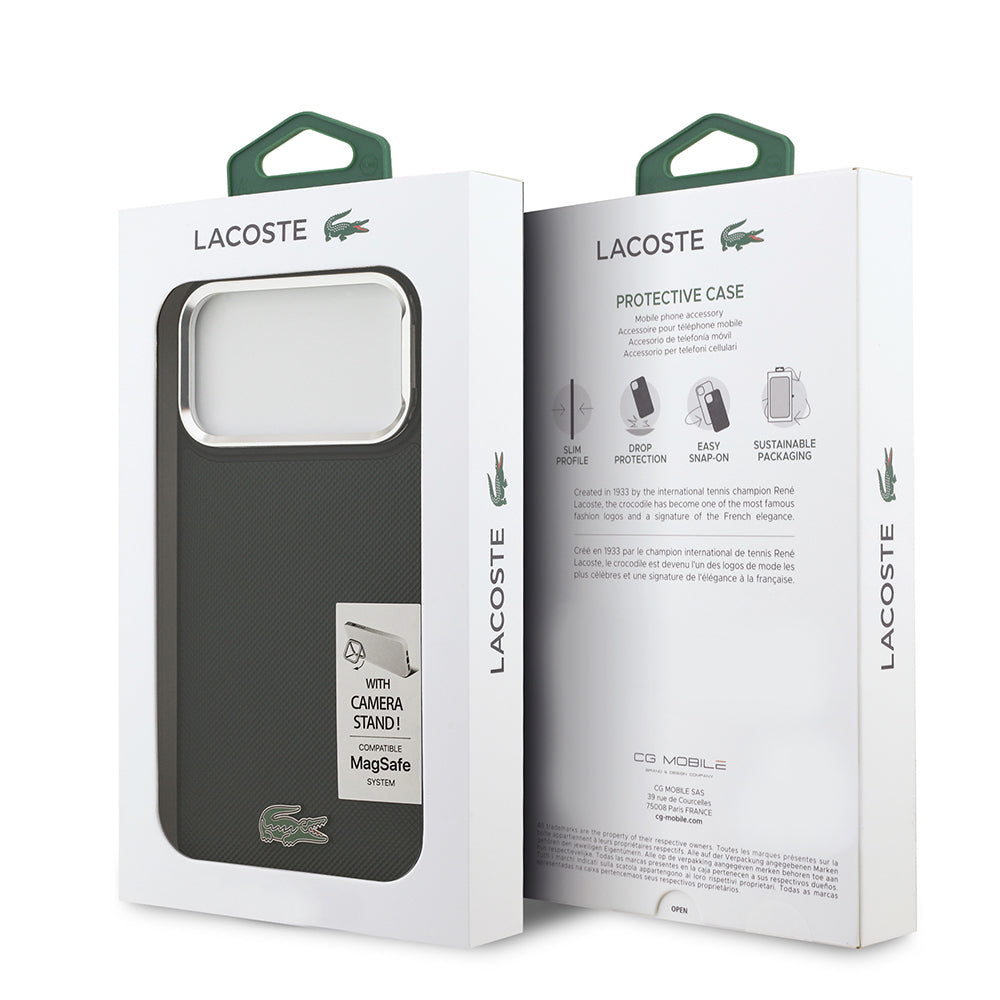 iPhone 17 Pro Max Kılıf Lacoste Orijinal Lisanslı M-safe Şarj Özellikli PU Pike Desenli Standlı Metal Logolu Kılıf