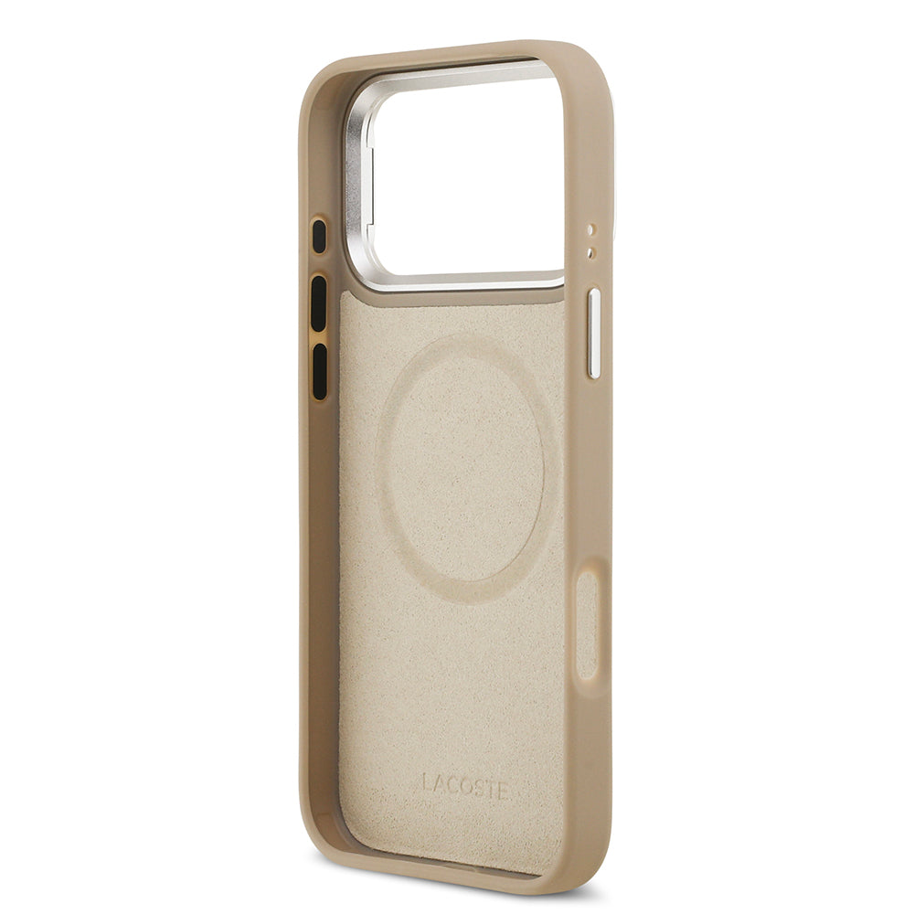 iPhone 17 Pro Max Kılıf Lacoste Orijinal Lisanslı M-safe Şarj Özellikli PU Pike Desenli Standlı Metal Logolu Kılıf