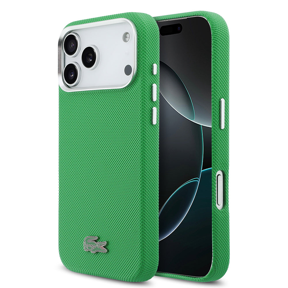 iPhone 17 Pro Max Kılıf Lacoste Orijinal Lisanslı M-Safe Şarj Özellikli PVC Pike Desenli Arka Yüzey İkonik Timsah Dokuma Logolu Kılıf