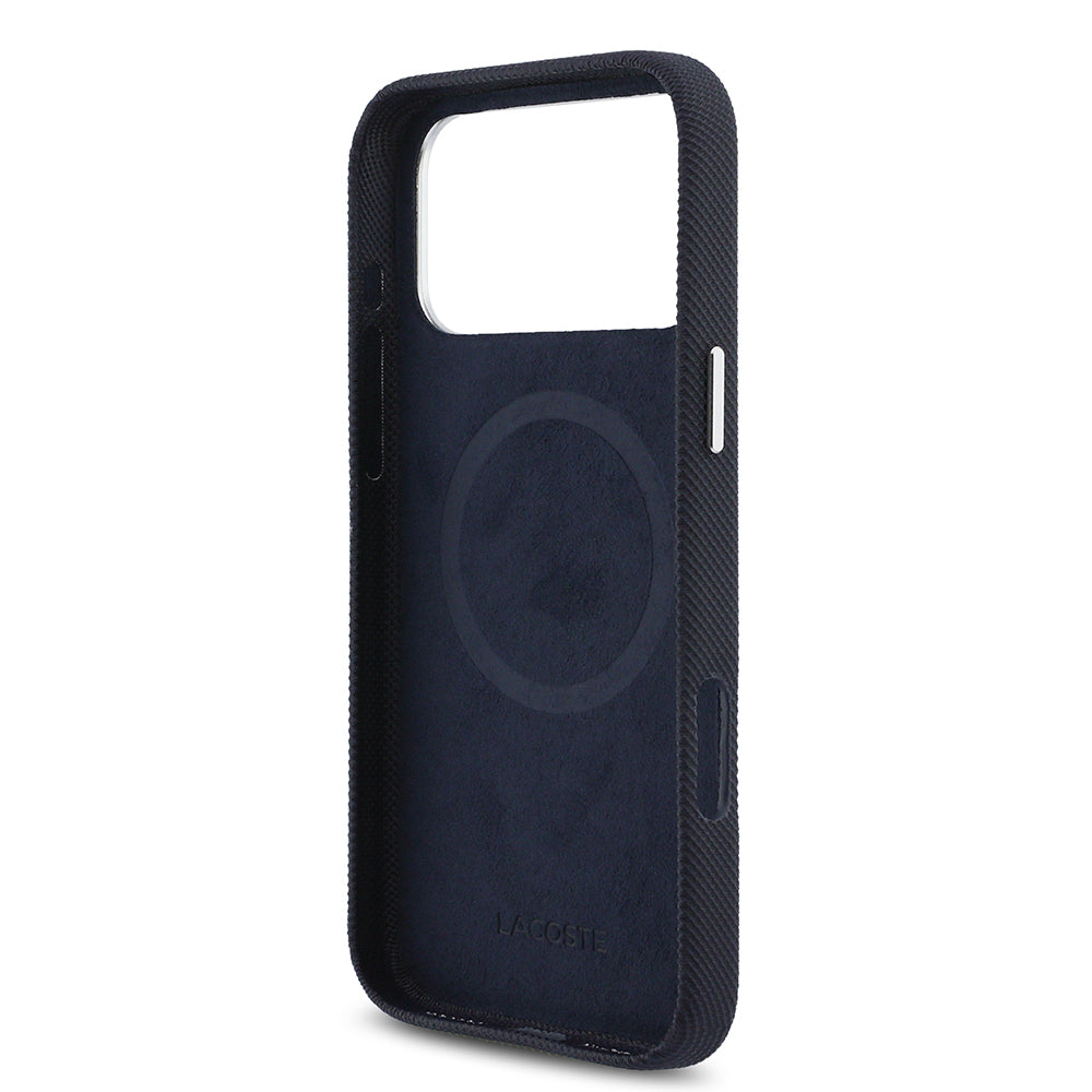 iPhone 17 Pro Max Kılıf Lacoste Orijinal Lisanslı M-Safe Şarj Özellikli PVC Pike Desenli Arka Yüzey İkonik Timsah Dokuma Logolu Kılıf